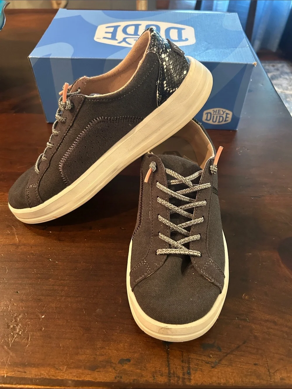 Hey Dude Womens’ Charcoal Canvas Sneakers with White Sole.